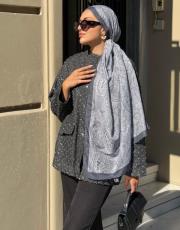 gri etnik desenli şal