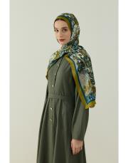 yağ yeşili elena desenli floş viskon şal 3